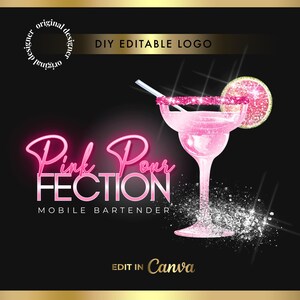 May include: A pink margarita cocktail illustration with a sugared rim and a lime slice. The words "Pink Pour FECTION" are in a neon-style font, with "MOBILE BARTENDER" below. The design is set against a black background.