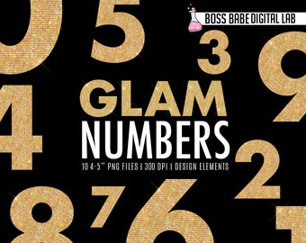 Op de afbeelding: Tien gouden glittercijfers, 4-5 inch hoog, met de tekst "GLAM NUMBERS" en "BOSS BABE DIGITAL LAB" in wit. De cijfers zijn ontworpen voor knutsel- en digitale ontwerp projecten.