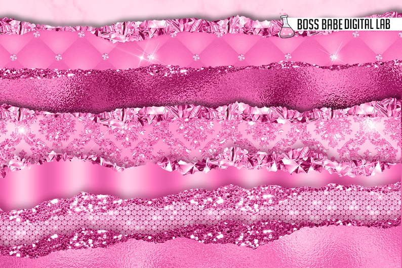 Pu&ograve; includere: Un pacchetto di carta digitale con motivi rosa e bianchi. I motivi includono un design trapuntato, un motivo damascato, glitter e un effetto di lamina metallica. Il testo "BOSS BABE DIGITAL LAB" &egrave; in alto nell'immagine.