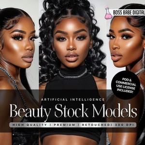 May include: Three digital stock photos of a Black woman with long black hair, wearing a black mock neck shirt. The photos are cropped at the shoulders. The text "BOSS BABE DIGITAL LAB" is in the top right corner of the image. The text "POD & COMMERCIAL USE LICENSE INCLUDED!" is in the bottom right corner of the image. The text "ARTIFICIAL INTELLIGENCE Beauty Stock Models HIGH QUALITY | PREMIUM | RETOUCHED 300 DPI" is at the bottom of the image.