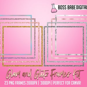 May include: A set of 23 digital frames featuring a variety of glittery and glam designs. The frames are perfect for adding a touch of sparkle to your photos and designs. The frames are 2000 pixels wide and 300 DPI, making them ideal for use in Canva.