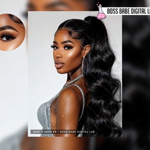 May include: A woman with long, dark, wavy hair styled in a high ponytail. She is wearing a silver sequined top and has on makeup, including dark eyeshadow and long eyelashes.