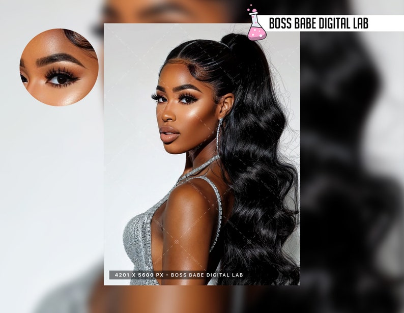 May include: A woman with long, dark, wavy hair styled in a high ponytail. She is wearing a silver sequined top and has on makeup, including dark eyeshadow and long eyelashes.