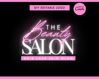 May include: Pink neon sign with the text "The Beauty Salon" in white letters. Below the text is "Hair Lash Skin Glam" in smaller white letters.