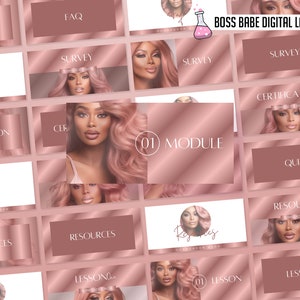 Op de afbeelding: Een roze en gouden digitale cursusoverzicht met de titel "Boss Babe Digital Lab". De samenvatting omvat modules, lessen, quizzen, enqu&ecirc;tes, certificeringen, bronnen en FAQ's.