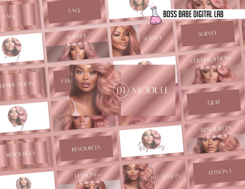 Op de afbeelding: Een roze en gouden digitale cursusoverzicht met de titel "Boss Babe Digital Lab". De samenvatting omvat modules, lessen, quizzen, enqu&ecirc;tes, certificeringen, bronnen en FAQ's.