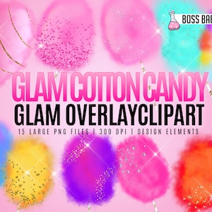 Puede incluir: 15 imágenes digitales de clipart de algodón de azúcar con superposiciones de purpurina y brillo. El algodón de azúcar es de varios colores, incluidos rosa, azul, amarillo y verde. El texto "GLAM COTTON CANDY GLAM OVERLAYCLIPART" está en el centro de la imagen.