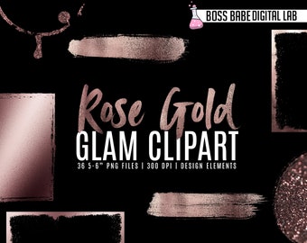 Glam Rose Gold Clipart, Rose Gold design elements, Rose Gold Brush Strokes, Rose Gold Circles, Rose Gold Clipart, Rose Gold Foil Art