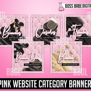 May include: Pink website category banners for hair extensions. The banners feature different types of hair extensions, including bundles, closures, frontals, bundle deals, and blonde hair. Each banner has a pink background with a white quilted pattern and the text "Shop This Collection" in white.