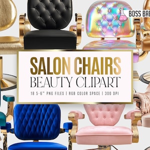 May include: A set of 18 salon chairs in various colors and styles, including gold, black, teal, pink, and blue. The chairs are all upholstered with tufted fabric and have gold accents. The chairs are 5-6 inches tall and are available as PNG files in RGB color space at 300 DPI.  SALON CHAIRS BEAUTY CLIPART