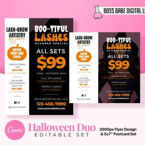 DIY Canva ビューティー ハロウィン プロモーション カード、ラッシュ アーティスト セール ポストカード デザイン、ビューティー セール チラシ、ラッシュ テクニシャン ハロウィン ポストカード