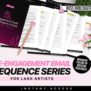 May include: A pink and black graphic with the text "Re-engagement Email Sequence Series for Lash Artists" and "Boss Babe Digital Lab". The graphic is surrounded by several sheets of paper with text on them. The sheets of paper are on a pink surface.