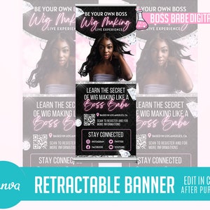 DIY Canva Hair Bundle Retractable Banner, Silver and Pink Canva Hair Retractable Banner, Canva Professional Retractable Banner