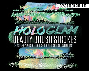 HoloGLAM Beauty Brush Strokes, Glam Glitter Clipart, Hologram Brush Strokes, Mermaid Glitter Brush Strokes, Green Brush Strokes