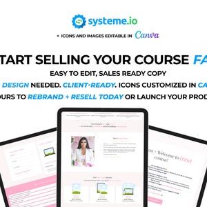 May include: A mockup of a website landing page for an online course. The page features a pink and white color scheme with a photo of a woman and text that says "Welcome to [Title] course!"