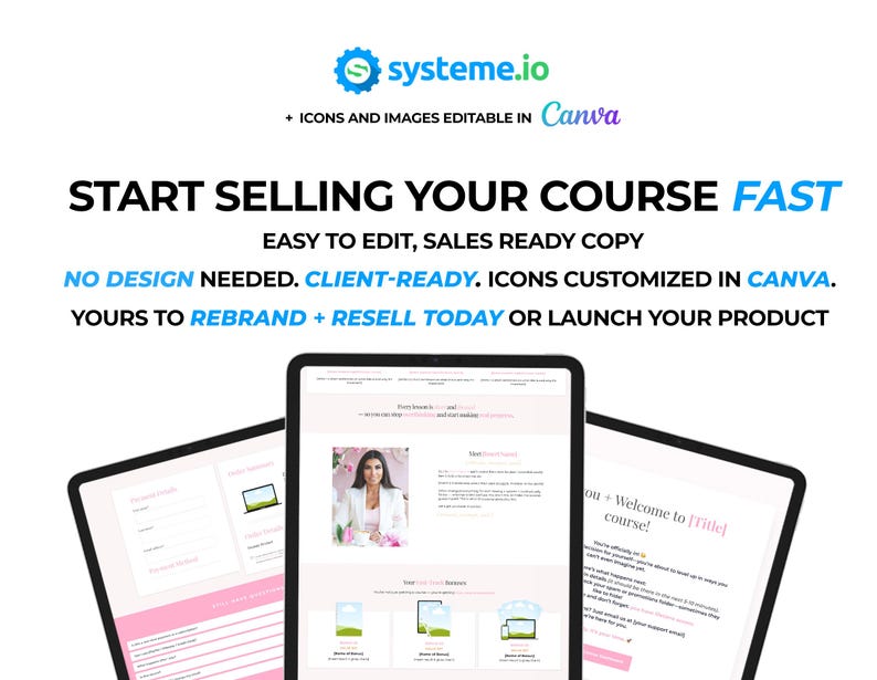 May include: A mockup of a website landing page for an online course. The page features a pink and white color scheme with a photo of a woman and text that says "Welcome to [Title] course!"