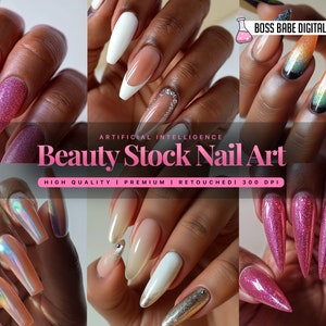 May include: A collage of six images showcasing different nail art designs. The designs include pink glitter, iridescent, white, and ombre nails. The text "Beauty Stock Nail Art" is displayed in the center of the collage.