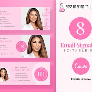 May include: A pink and white email signature template with a woman's headshot, text that says "Real Estate Agent Hailey Ryan", and contact information. The template is designed for use in Canva and includes the text "Boss Babe Digital Lab" and "Editable Set".