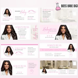 May include: A set of four pink and white business cards featuring a woman's headshot and the text "HAILEY RYAN, REAL ESTATE AGENT" along with contact details. The cards are designed in a pink and white colour scheme and include a pink house icon.