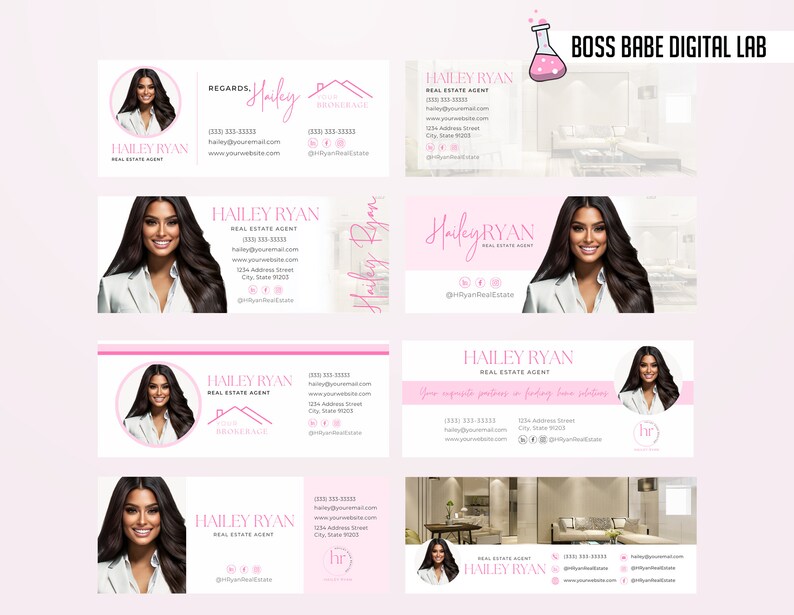 May include: A set of four pink and white business cards featuring a woman's headshot and the text "HAILEY RYAN, REAL ESTATE AGENT" along with contact details. The cards are designed in a pink and white colour scheme and include a pink house icon.