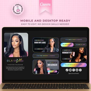 May include: A laptop screen displays a website design with a pink background. The website features a fashion blogger's content, including images, text, and social media icons. The design is labeled "Mobile and Desktop Ready" and "Easy to Edit."