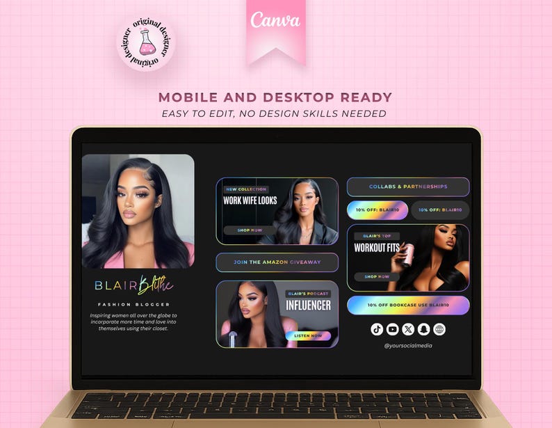 May include: A laptop screen displays a website design with a pink background. The website features a fashion blogger's content, including images, text, and social media icons. The design is labeled "Mobile and Desktop Ready" and "Easy to Edit."
