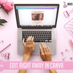 May include: A laptop computer with a pink background. The laptop screen shows a Canva design for a lash studio business card. The text on the design reads "Lash Studio" and "Lash Extensions". The text "Edit Right Away in Canva" is displayed below the laptop.