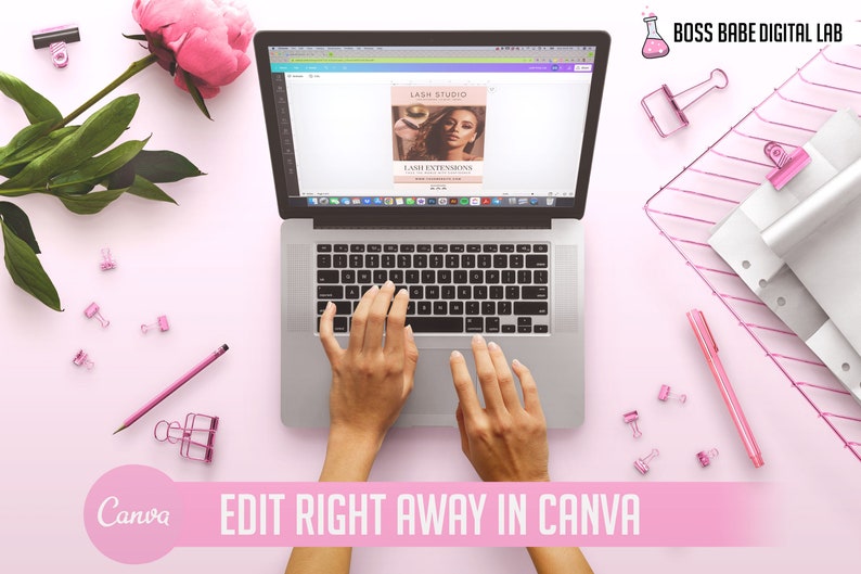 May include: A laptop computer with a pink background. The laptop screen shows a Canva design for a lash studio business card. The text on the design reads "Lash Studio" and "Lash Extensions". The text "Edit Right Away in Canva" is displayed below the laptop.