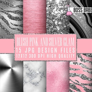 Blush Pink and Silver Glam, Blush Pink and Silver Glam Digital Papers, 12" x 12", 300 dpi JPGs, Instant Download Blush Pink and Silver Glam