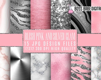 Blush Pink and Silver Glam, Blush Pink and Silver Glam Digital Papers, 12&quot; x 12&quot;, 300 dpi JPGs, Instant Download Blush Pink and Silver Glam