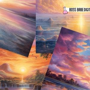 Op de afbeelding: Een collage van vier zonsondergangsc&egrave;nes met levendige kleuren en dramatische luchten. De afbeeldingen tonen een verscheidenheid aan landschappen, waaronder een meer, een bergketen en een grasveld. De zonsondergangen zijn allemaal in verschillende tinten oranje, roze en paars, en de wolken zijn pluizig en dramatisch.