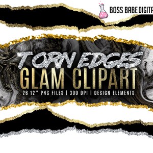 May include: A set of 26 digital clipart images featuring torn edges with a black, white, and gold marble background. The text "Torn Edges Glam Clipart" is written in silver glitter letters. The images are 12 inches wide and 300 DPI.