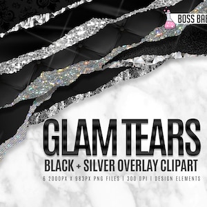 Glam Black and SIlver Tears Clipart, Glitter Black and Silver Tear Borders Clipart, Glitter Clipart, Canva Clipart, Silver Clipart