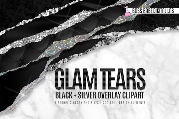 Glam Black and SIlver Tears Clipart, Glitter Black and Silver Tear Borders Clipart, Glitter Clipart, Canva Clipart, Silver Clipart