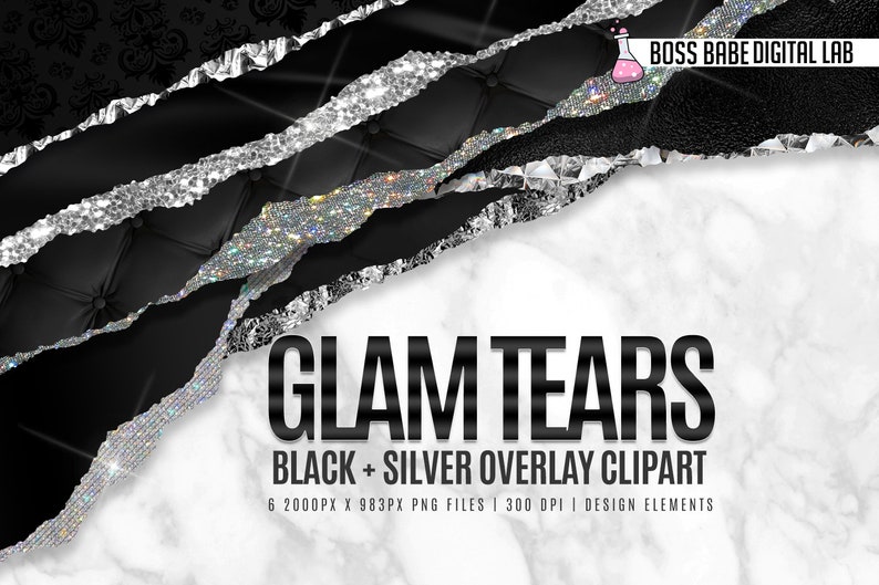Puede incluir: Seis im&aacute;genes digitales de clipart de papel rasgado negro y plateado con superposici&oacute;n de purpurina. El texto "GLAM TEARS BLACK + SILVER OVERLAY CLIPART" se muestra debajo de las im&aacute;genes. Las im&aacute;genes son de 2000 p&iacute;xeles por 983 p&iacute;xeles y 300 DPI.
