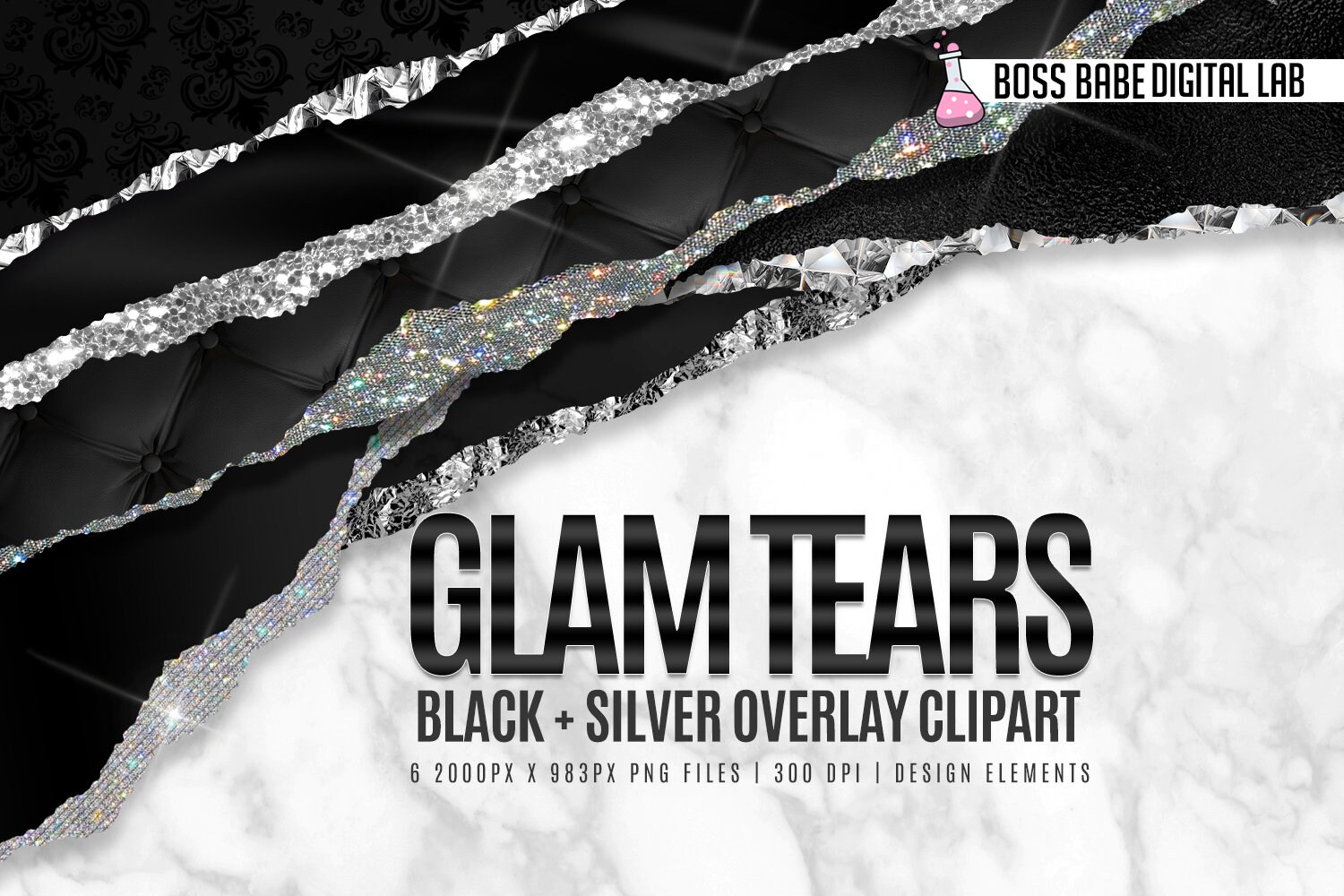 Glam Black and SIlver Tears Clipart, Glitter Black and Silver Tear Borders Clipart, Glitter Clipart, Canva Clipart, Silver Clipart