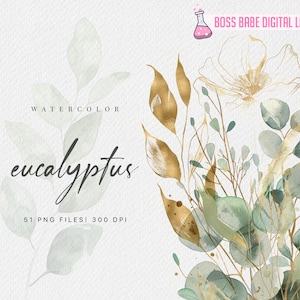 Watercolor Eucalyptus Clipart, Gold Foliage, Greenery Clipart, Botanical Clipart, Wedding Clipart, Gold Clipart, Elegant Watercolor Designs