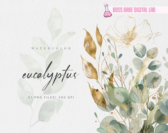 Watercolor Eucalyptus Clipart, Gold Foliage, Greenery Clipart, Botanical Clipart, Wedding Clipart, Gold Clipart, Elegant Watercolor Designs