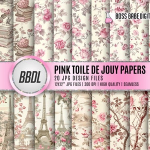 French Pink Floral Toile De Jouy Digital Paper, Junk Journal, Scrapbook Paper, Seamless Pattern, Bridal Shower Digital Paper, Commercial Use