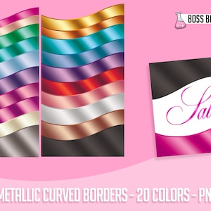Könnte beinhalten: Digitale Designelemente mit metallischen, geschwungenen Rändern in verschiedenen Farben, darunter Rosa, Grün, Blau und Gold. Eine separate Grafik zeigt das Wort "Sale" in Schreibschrift. Das Bild enthält den Text "BOSS BABE DIGITAL LAB".