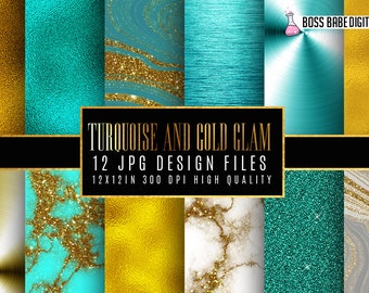 12 Turquoise and Gold Glam, Turquoise and Gold Glam Digital Papers, 12&quot; x 12&quot;, 300 dpi JPGs, Instant Download Turquoise and Gold Glam
