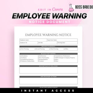 May include: A black and white printable employee warning notice document with the text "EMPLOYEE WARNING NOTICE" at the top. The document includes sections for employee name, employee ID, job title, supervisor name, warning date, previous warnings, reason for warning, description of violation, disciplinary action, and plan for improvement.
