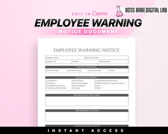 Employee Warning Notice Template, Canva Template, Employee Discipline Canva Template, Employee Performance Template, Employee Write Up Form