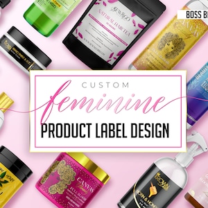 May include: A collection of product labels with a pink background. The labels feature various designs, including floral patterns, geometric shapes, and text. The text on the labels includes "CUSTOM feminine PRODUCT LABEL DESIGN", "BOSS BABE DIGITAL LAB", "CANVAS", "BEW&GO NATURAL HAIR TEA", "HAPPY HERTZ", "Bee Happy!", "ANCIENT LUSTROUS", "GLOW COMPLEX", "BOTIN & HONEY", "FULL BLOOM", and "HAPPY HERTZ".