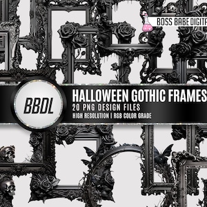 May include: A collection of 20 black gothic frames with intricate details, including roses, skulls, and dripping paint. The frames are arranged in a chaotic pattern, creating a spooky and dramatic effect.  The text "HALLOWEEN GOTHIC FRAMES" is displayed in a banner at the top of the image.