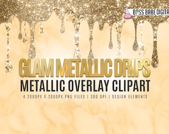 Glam Metallic Drips Clipart, Glitter Metallic Drips Borders Clipart, Glitter Clipart, Canva Clipart, Photoshop Metallic Clipart