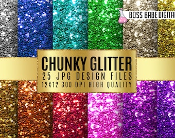 25 Chunky Glitter Digital Papers, 12&quot; x 12&quot;, 300 dpi High Quality JPGs, Instant Download Colorful Multi-Color Mega