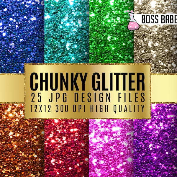 25 Chunky Glitter Digital Papers, 12" x 12", 300 dpi High Quality JPGs, Instant Download Colorful Multi-Color Mega