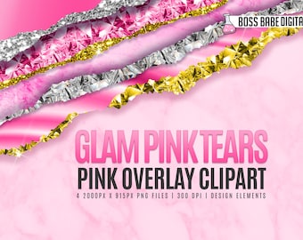 May include: Four digital clipart images of pink, gold, and silver glitter tears. The tears are layered on a pink background with a marble texture. The text "Glam Pink Tears Pink Overlay Clipart" is at the bottom of the image. The text "4 2000PX X 915PX PNG FILES | 300 DPI | DESIGN ELEMENTS" is below the title.