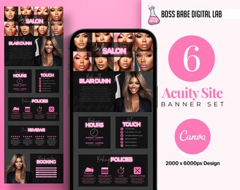 May include: A pink and black phone screen mockup with a salon website design. The website features a black background with pink neon text and images of a woman. The text includes "Salon", "Blair Dunn", "Hours", "Touch", "Policies", and "Reviews".